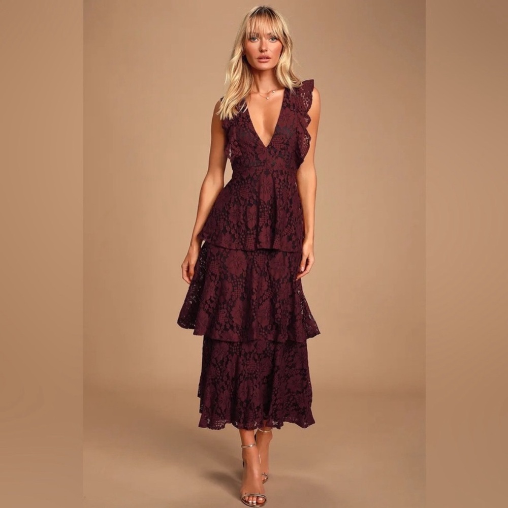 Lulu's Burgundy Lace Midi Dress